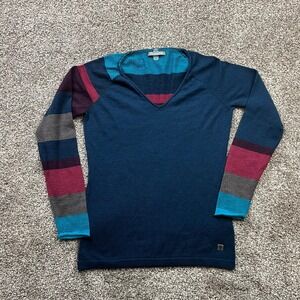 Smartwool Merino Wool Blend V-Neck Sweater Womens Medium Striped Blue Outdoor